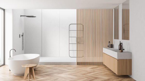 Bathroom interior with wooden partition and wood tile floor, white shower area, tub, walls and vanity detail. Panoramic window and minimalist towel rack. A concept of modern house design. 3d rendering